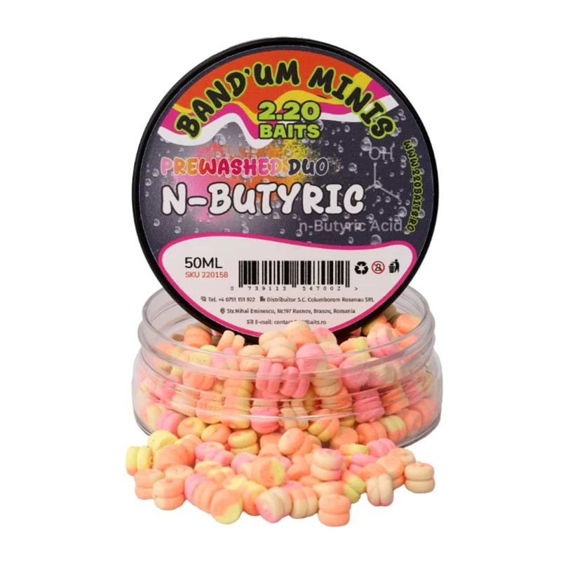 Вафтери с малка плаваемост 2.20 Baits Wafter Band’um Minis Prewashed Duo N-Butyric 5mm 50ml