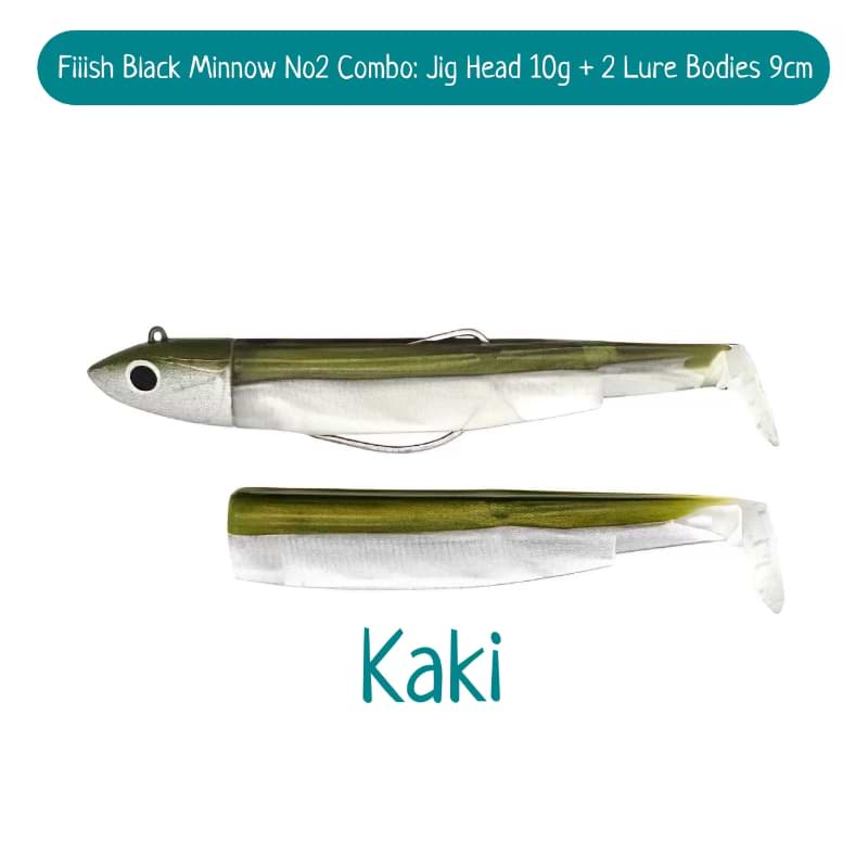 FIIISH Black Minnow No2 Combo Jig Head 10g - 2 Lure Bodies 9cm